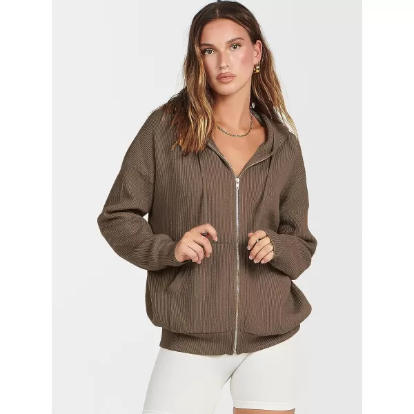 imageANRABESS Womens Zip Up Hoodies Sweater 2023 Fall Oversized Casual hooded Jacket Long Sleeve Ribbed Knit SweatshirtsCoffee