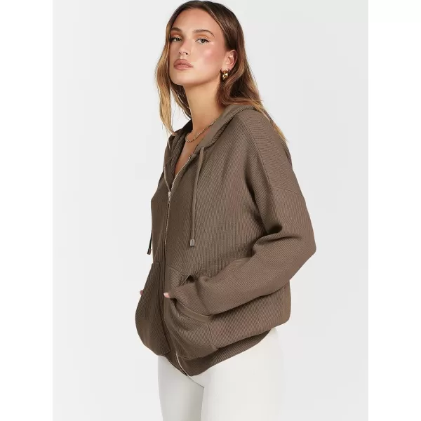 imageANRABESS Womens Zip Up Hoodies Sweater 2023 Fall Oversized Casual hooded Jacket Long Sleeve Ribbed Knit SweatshirtsCoffee