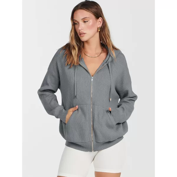 imageANRABESS Womens Zip Up Hoodies Sweater 2023 Fall Oversized Casual hooded Jacket Long Sleeve Ribbed Knit SweatshirtsDark Grey
