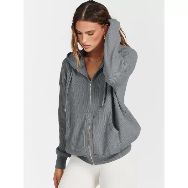imageANRABESS Womens Zip Up Hoodies Sweater 2023 Fall Oversized Casual hooded Jacket Long Sleeve Ribbed Knit SweatshirtsDark Grey