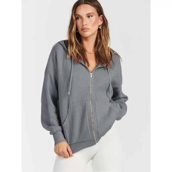 imageANRABESS Womens Zip Up Hoodies Sweater 2023 Fall Oversized Casual hooded Jacket Long Sleeve Ribbed Knit SweatshirtsDark Grey