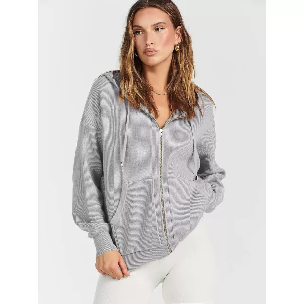 imageANRABESS Womens Zip Up Hoodies Sweater 2023 Fall Oversized Casual hooded Jacket Long Sleeve Ribbed Knit SweatshirtsGrey