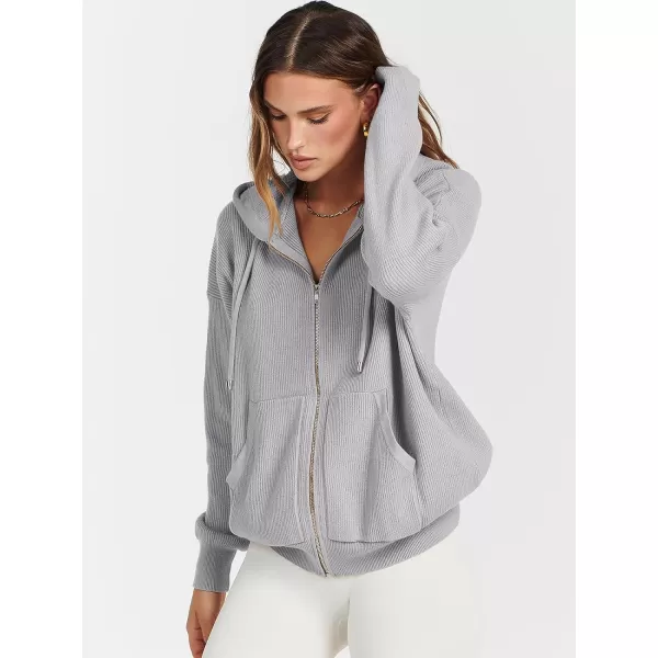 imageANRABESS Womens Zip Up Hoodies Sweater 2023 Fall Oversized Casual hooded Jacket Long Sleeve Ribbed Knit SweatshirtsGrey