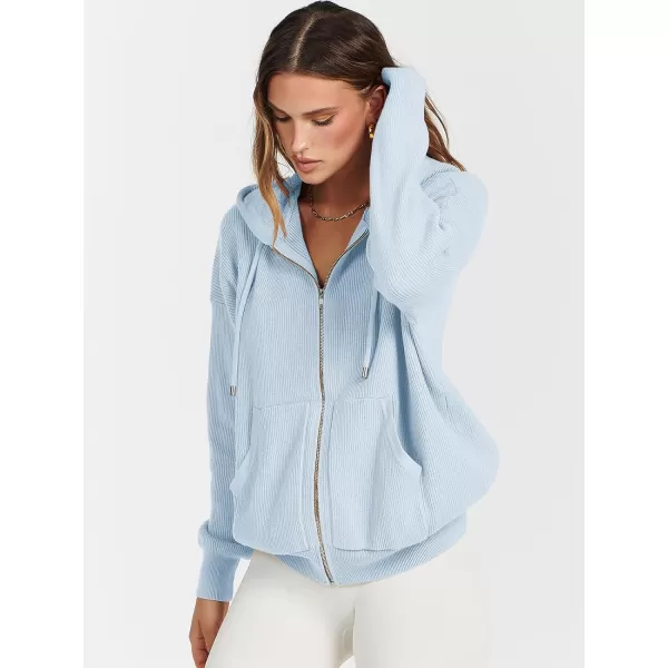 imageANRABESS Womens Zip Up Hoodies Sweater 2023 Fall Oversized Casual hooded Jacket Long Sleeve Ribbed Knit SweatshirtsLight Blue