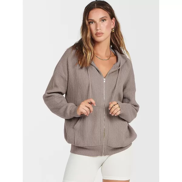 imageANRABESS Womens Zip Up Hoodies Sweater 2023 Fall Oversized Casual hooded Jacket Long Sleeve Ribbed Knit SweatshirtsLight Brown