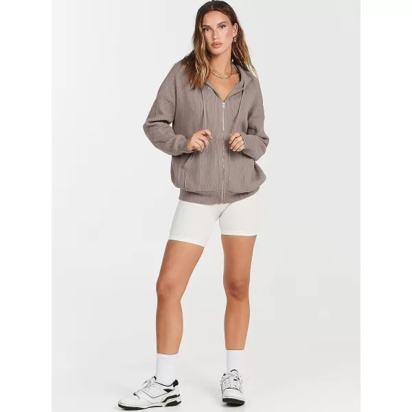 imageANRABESS Womens Zip Up Hoodies Sweater 2023 Fall Oversized Casual hooded Jacket Long Sleeve Ribbed Knit SweatshirtsLight Brown