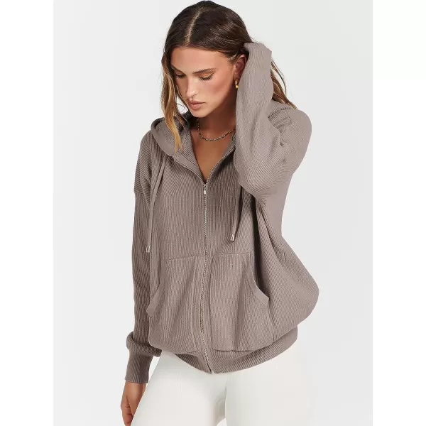 imageANRABESS Womens Zip Up Hoodies Sweater 2023 Fall Oversized Casual hooded Jacket Long Sleeve Ribbed Knit SweatshirtsLight Brown