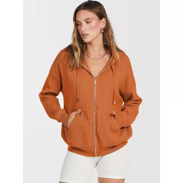 imageANRABESS Womens Zip Up Hoodies Sweater 2023 Fall Oversized Casual hooded Jacket Long Sleeve Ribbed Knit SweatshirtsOrange