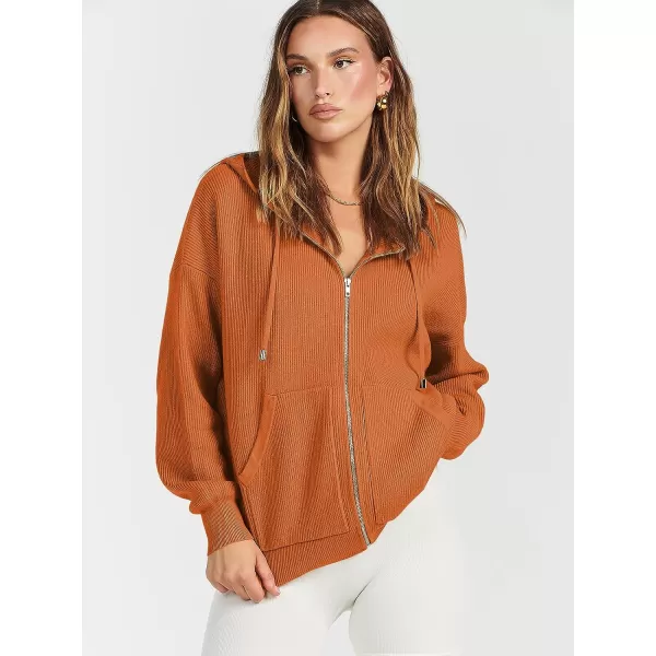 imageANRABESS Womens Zip Up Hoodies Sweater 2023 Fall Oversized Casual hooded Jacket Long Sleeve Ribbed Knit SweatshirtsOrange