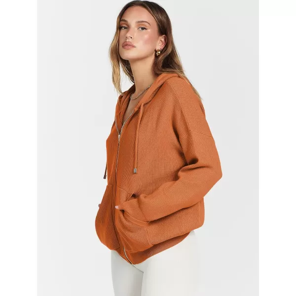 imageANRABESS Womens Zip Up Hoodies Sweater 2023 Fall Oversized Casual hooded Jacket Long Sleeve Ribbed Knit SweatshirtsOrange