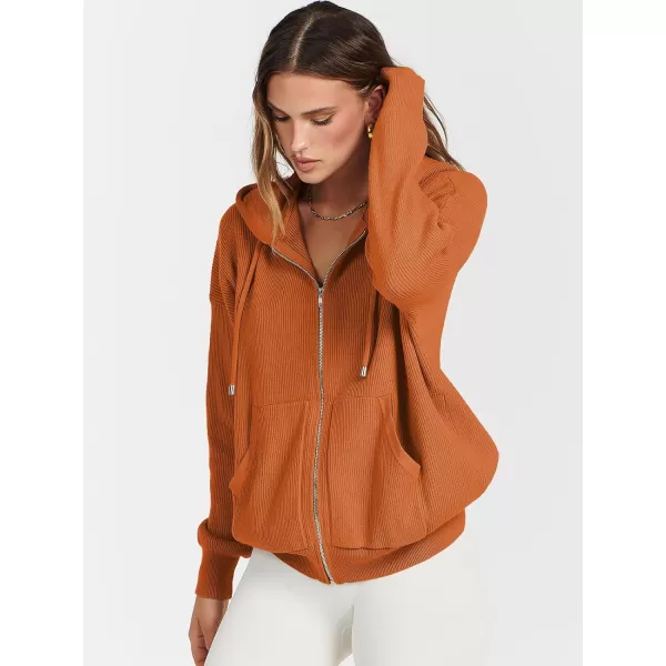 imageANRABESS Womens Zip Up Hoodies Sweater 2023 Fall Oversized Casual hooded Jacket Long Sleeve Ribbed Knit SweatshirtsOrange