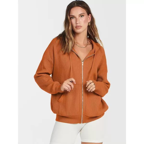 imageANRABESS Womens Zip Up Hoodies Sweater 2023 Fall Oversized Casual hooded Jacket Long Sleeve Ribbed Knit SweatshirtsOrange