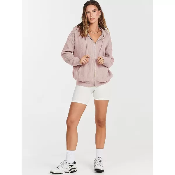 imageANRABESS Womens Zip Up Hoodies Sweater 2023 Fall Oversized Casual hooded Jacket Long Sleeve Ribbed Knit SweatshirtsPink