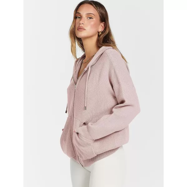 imageANRABESS Womens Zip Up Hoodies Sweater 2023 Fall Oversized Casual hooded Jacket Long Sleeve Ribbed Knit SweatshirtsPink