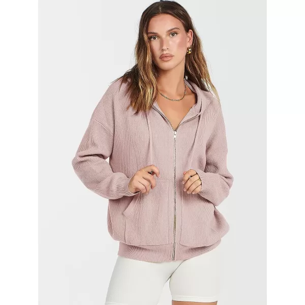 imageANRABESS Womens Zip Up Hoodies Sweater 2023 Fall Oversized Casual hooded Jacket Long Sleeve Ribbed Knit SweatshirtsPink