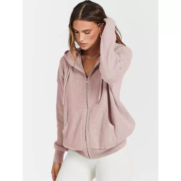imageANRABESS Womens Zip Up Hoodies Sweater 2023 Fall Oversized Casual hooded Jacket Long Sleeve Ribbed Knit SweatshirtsPink