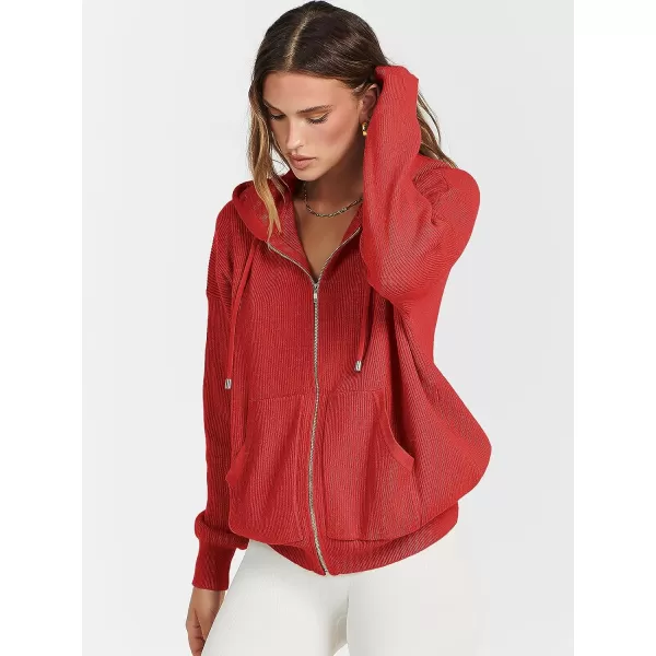 imageANRABESS Womens Zip Up Hoodies Sweater 2023 Fall Oversized Casual hooded Jacket Long Sleeve Ribbed Knit SweatshirtsRed