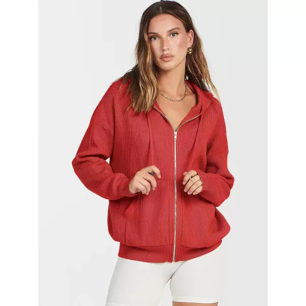 imageANRABESS Womens Zip Up Hoodies Sweater 2023 Fall Oversized Casual hooded Jacket Long Sleeve Ribbed Knit SweatshirtsRed