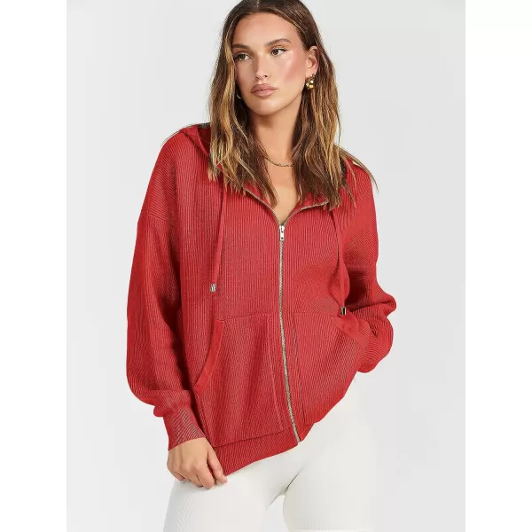 imageANRABESS Womens Zip Up Hoodies Sweater 2023 Fall Oversized Casual hooded Jacket Long Sleeve Ribbed Knit SweatshirtsRed