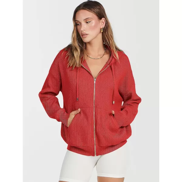 imageANRABESS Womens Zip Up Hoodies Sweater 2023 Fall Oversized Casual hooded Jacket Long Sleeve Ribbed Knit SweatshirtsRed