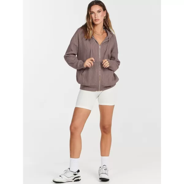imageANRABESS Womens Zip Up Hoodies Sweater 2023 Fall Oversized Casual hooded Jacket Long Sleeve Ribbed Knit SweatshirtsRed Apricot