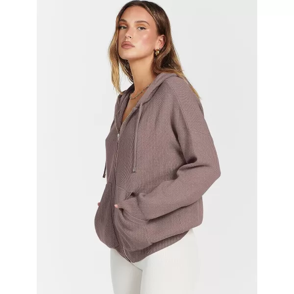 imageANRABESS Womens Zip Up Hoodies Sweater 2023 Fall Oversized Casual hooded Jacket Long Sleeve Ribbed Knit SweatshirtsRed Apricot