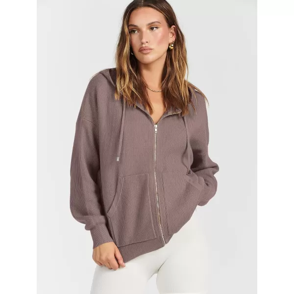 imageANRABESS Womens Zip Up Hoodies Sweater 2023 Fall Oversized Casual hooded Jacket Long Sleeve Ribbed Knit SweatshirtsRed Apricot