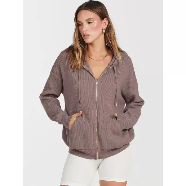 imageANRABESS Womens Zip Up Hoodies Sweater 2023 Fall Oversized Casual hooded Jacket Long Sleeve Ribbed Knit SweatshirtsRed Apricot