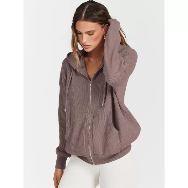 imageANRABESS Womens Zip Up Hoodies Sweater 2023 Fall Oversized Casual hooded Jacket Long Sleeve Ribbed Knit SweatshirtsRed Apricot