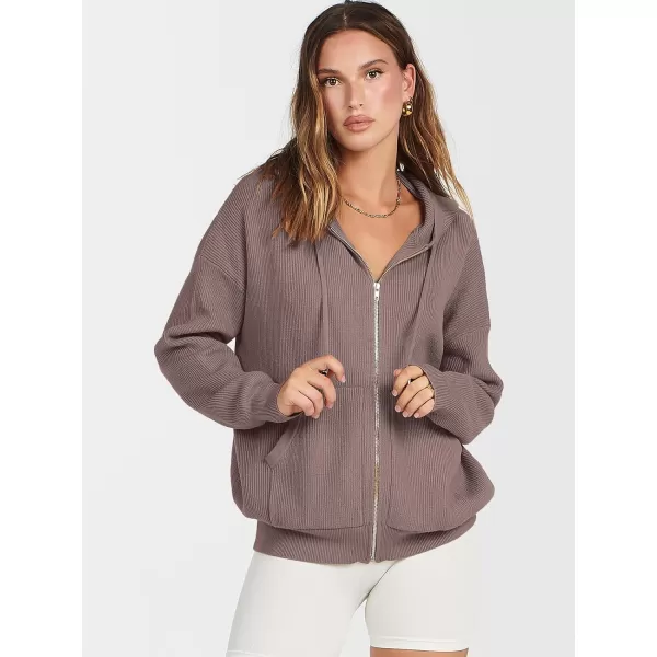 imageANRABESS Womens Zip Up Hoodies Sweater 2023 Fall Oversized Casual hooded Jacket Long Sleeve Ribbed Knit SweatshirtsRed Apricot