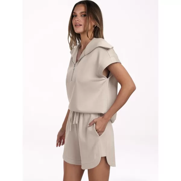 imageANRABESSnbspWomennbsp2 Piece OutfitsnbspSweatsuit HalfnbspZip LapelnbspCollarnbspShortnbspSleeve Tops Sweat Shorts LoungenbspSets TracksuitApricot