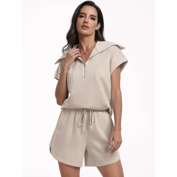 imageANRABESSnbspWomennbsp2 Piece OutfitsnbspSweatsuit HalfnbspZip LapelnbspCollarnbspShortnbspSleeve Tops Sweat Shorts LoungenbspSets TracksuitApricot