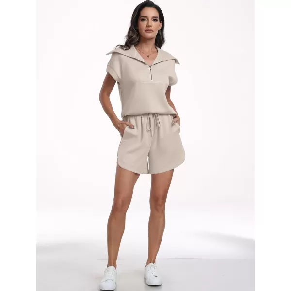 imageANRABESSnbspWomennbsp2 Piece OutfitsnbspSweatsuit HalfnbspZip LapelnbspCollarnbspShortnbspSleeve Tops Sweat Shorts LoungenbspSets TracksuitApricot