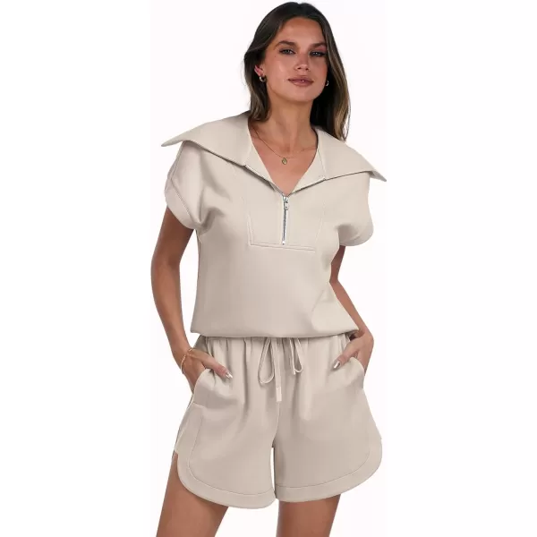 imageANRABESSnbspWomennbsp2 Piece OutfitsnbspSweatsuit HalfnbspZip LapelnbspCollarnbspShortnbspSleeve Tops Sweat Shorts LoungenbspSets TracksuitApricot