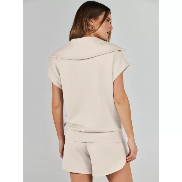 imageANRABESSnbspWomennbsp2 Piece OutfitsnbspSweatsuit HalfnbspZip LapelnbspCollarnbspShortnbspSleeve Tops Sweat Shorts LoungenbspSets TracksuitApricot