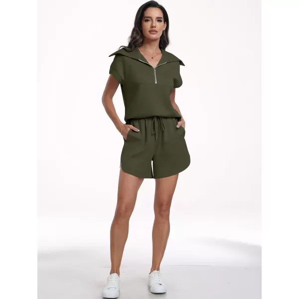 imageANRABESSnbspWomennbsp2 Piece OutfitsnbspSweatsuit HalfnbspZip LapelnbspCollarnbspShortnbspSleeve Tops Sweat Shorts LoungenbspSets TracksuitArmy Green