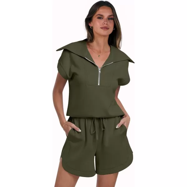 imageANRABESSnbspWomennbsp2 Piece OutfitsnbspSweatsuit HalfnbspZip LapelnbspCollarnbspShortnbspSleeve Tops Sweat Shorts LoungenbspSets TracksuitArmy Green