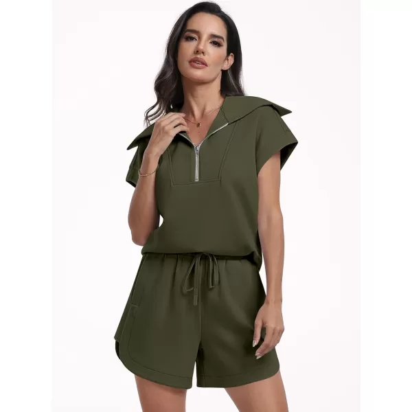 imageANRABESSnbspWomennbsp2 Piece OutfitsnbspSweatsuit HalfnbspZip LapelnbspCollarnbspShortnbspSleeve Tops Sweat Shorts LoungenbspSets TracksuitArmy Green
