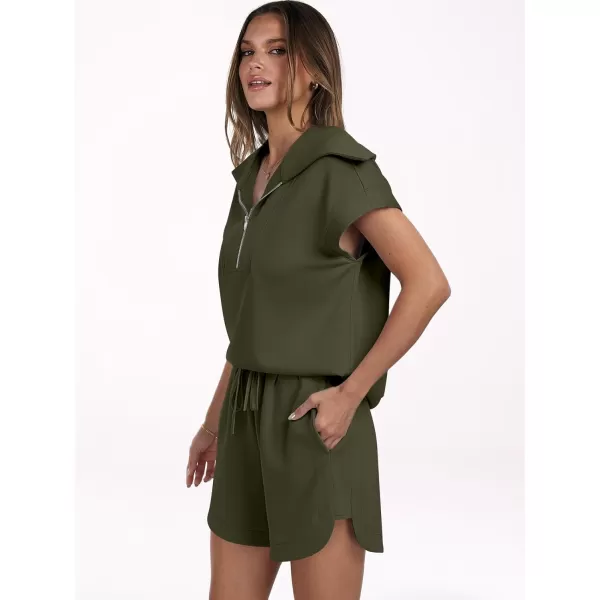imageANRABESSnbspWomennbsp2 Piece OutfitsnbspSweatsuit HalfnbspZip LapelnbspCollarnbspShortnbspSleeve Tops Sweat Shorts LoungenbspSets TracksuitArmy Green