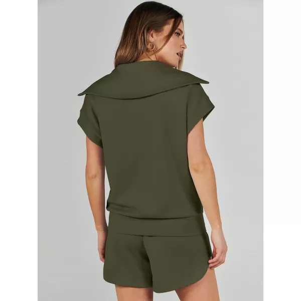 imageANRABESSnbspWomennbsp2 Piece OutfitsnbspSweatsuit HalfnbspZip LapelnbspCollarnbspShortnbspSleeve Tops Sweat Shorts LoungenbspSets TracksuitArmy Green