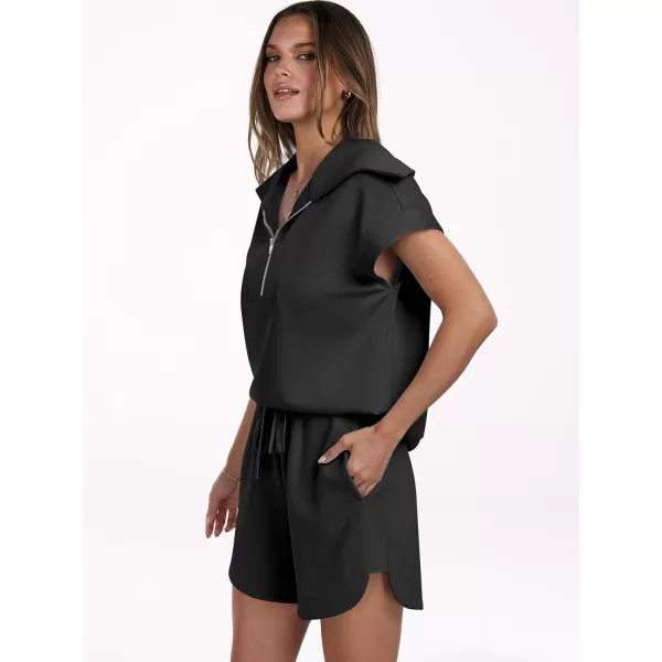 imageANRABESSnbspWomennbsp2 Piece OutfitsnbspSweatsuit HalfnbspZip LapelnbspCollarnbspShortnbspSleeve Tops Sweat Shorts LoungenbspSets TracksuitBlack