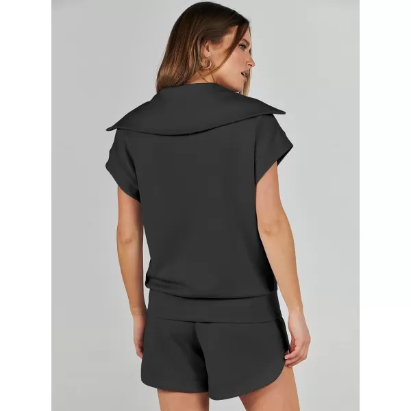 imageANRABESSnbspWomennbsp2 Piece OutfitsnbspSweatsuit HalfnbspZip LapelnbspCollarnbspShortnbspSleeve Tops Sweat Shorts LoungenbspSets TracksuitBlack