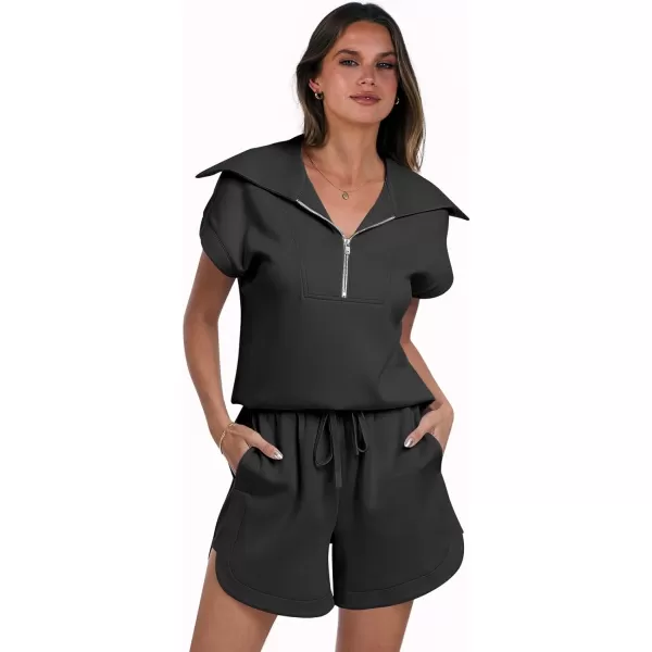 imageANRABESSnbspWomennbsp2 Piece OutfitsnbspSweatsuit HalfnbspZip LapelnbspCollarnbspShortnbspSleeve Tops Sweat Shorts LoungenbspSets TracksuitBlack