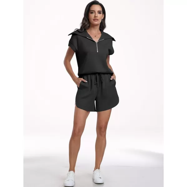 imageANRABESSnbspWomennbsp2 Piece OutfitsnbspSweatsuit HalfnbspZip LapelnbspCollarnbspShortnbspSleeve Tops Sweat Shorts LoungenbspSets TracksuitBlack