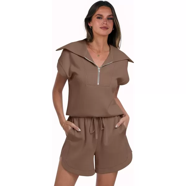 imageANRABESSnbspWomennbsp2 Piece OutfitsnbspSweatsuit HalfnbspZip LapelnbspCollarnbspShortnbspSleeve Tops Sweat Shorts LoungenbspSets TracksuitBrown