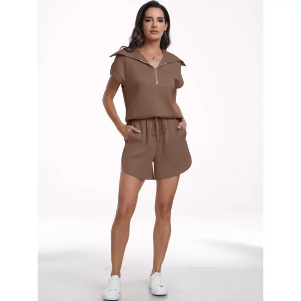 imageANRABESSnbspWomennbsp2 Piece OutfitsnbspSweatsuit HalfnbspZip LapelnbspCollarnbspShortnbspSleeve Tops Sweat Shorts LoungenbspSets TracksuitBrown