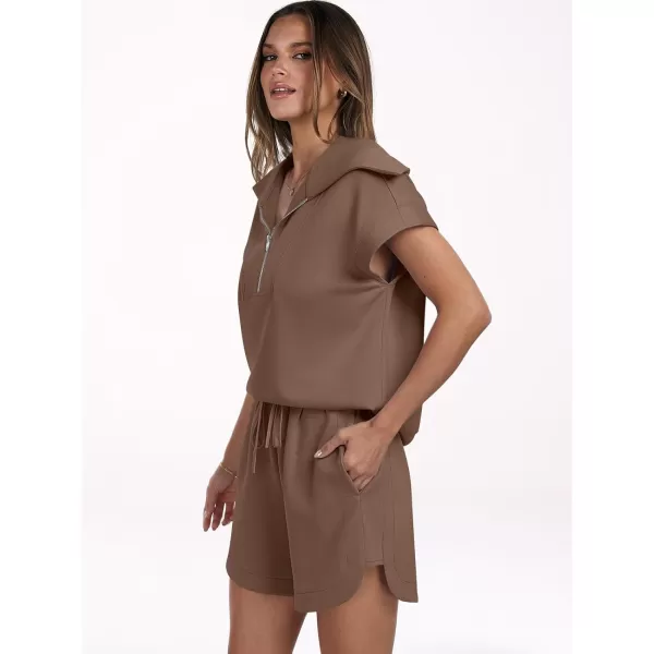 imageANRABESSnbspWomennbsp2 Piece OutfitsnbspSweatsuit HalfnbspZip LapelnbspCollarnbspShortnbspSleeve Tops Sweat Shorts LoungenbspSets TracksuitBrown