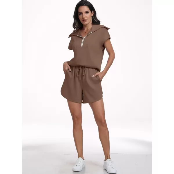 imageANRABESSnbspWomennbsp2 Piece OutfitsnbspSweatsuit HalfnbspZip LapelnbspCollarnbspShortnbspSleeve Tops Sweat Shorts LoungenbspSets TracksuitBrown