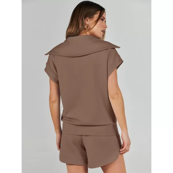 imageANRABESSnbspWomennbsp2 Piece OutfitsnbspSweatsuit HalfnbspZip LapelnbspCollarnbspShortnbspSleeve Tops Sweat Shorts LoungenbspSets TracksuitBrown
