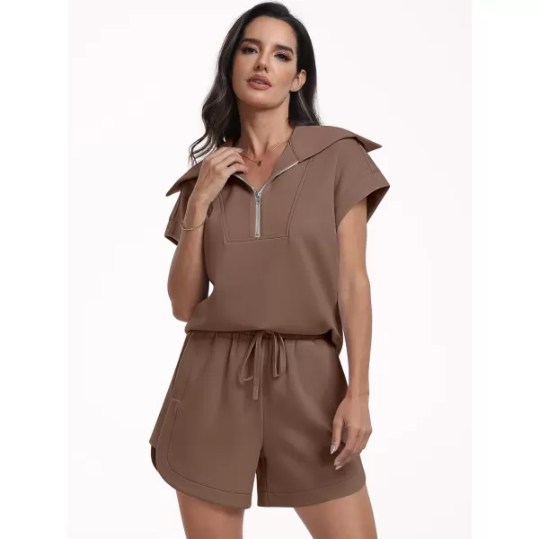 imageANRABESSnbspWomennbsp2 Piece OutfitsnbspSweatsuit HalfnbspZip LapelnbspCollarnbspShortnbspSleeve Tops Sweat Shorts LoungenbspSets TracksuitBrown
